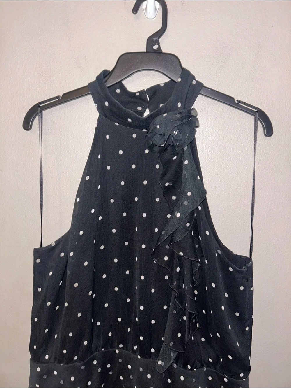 Maeve Dress - black/white polka dot “Maeve Halter Rosette Mini Dress”